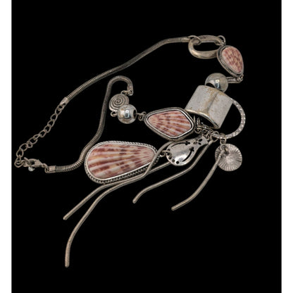 Boho Mermaidcore Brutalist Statement Faux Shell Tassel Necklace Silver Tone Coastal Art Jewelry