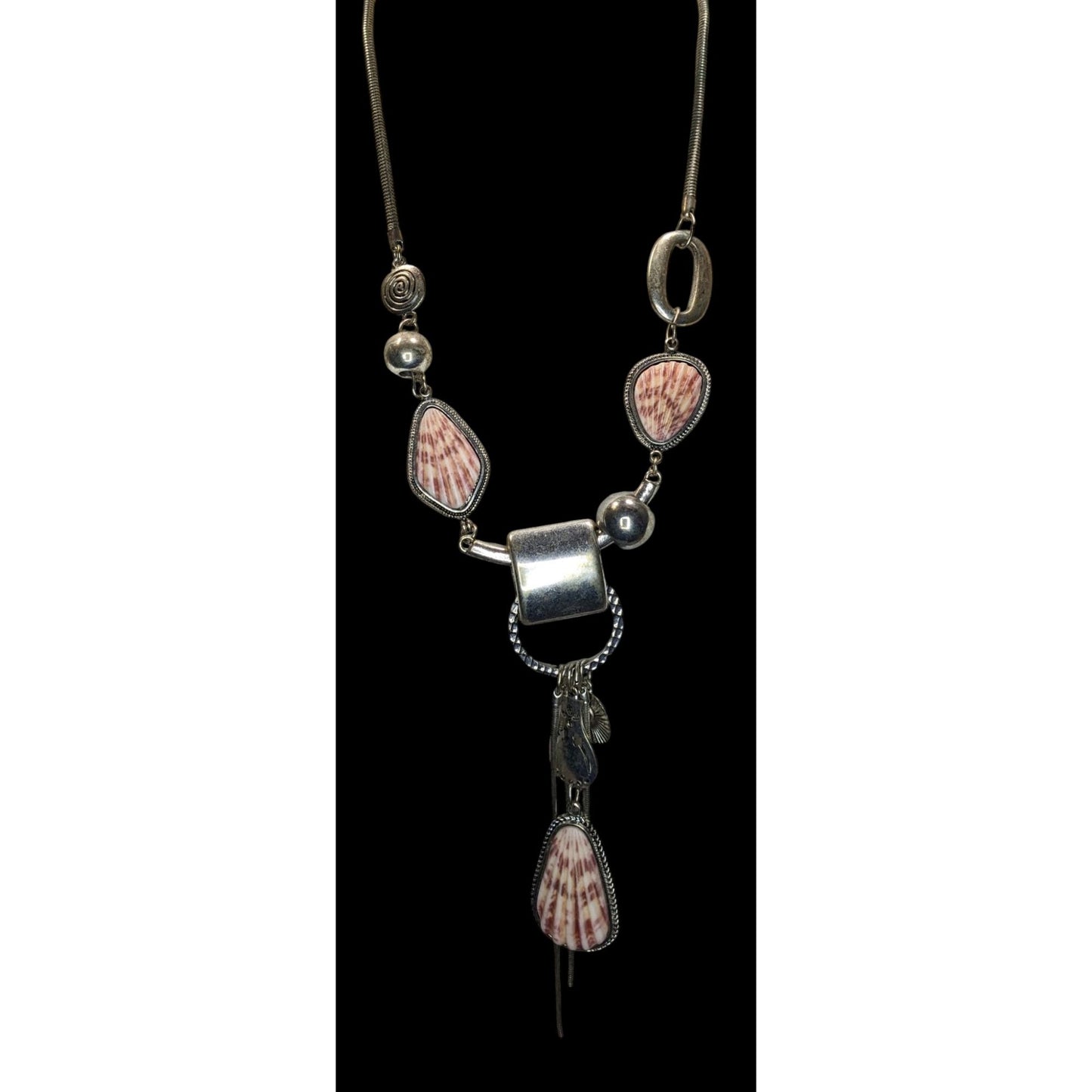 Boho Mermaidcore Brutalist Statement Faux Shell Tassel Necklace Silver Tone Coastal Art Jewelry