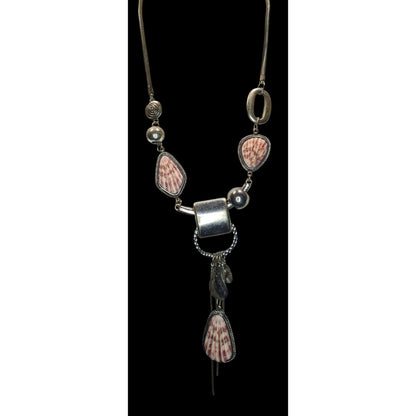 Boho Mermaidcore Brutalist Statement Faux Shell Tassel Necklace Silver Tone Coastal Art Jewelry
