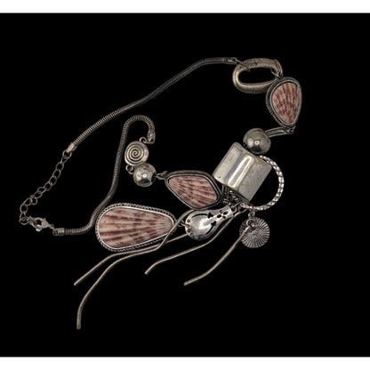 Boho Mermaidcore Brutalist Statement Faux Shell Tassel Necklace Silver Tone Coastal Art Jewelry