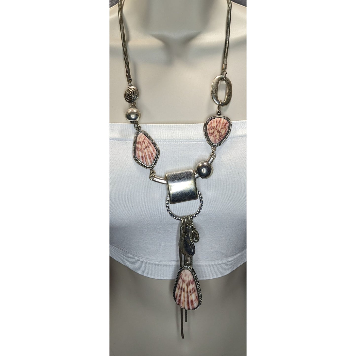 Boho Mermaidcore Brutalist Statement Faux Shell Tassel Necklace Silver Tone Coastal Art Jewelry
