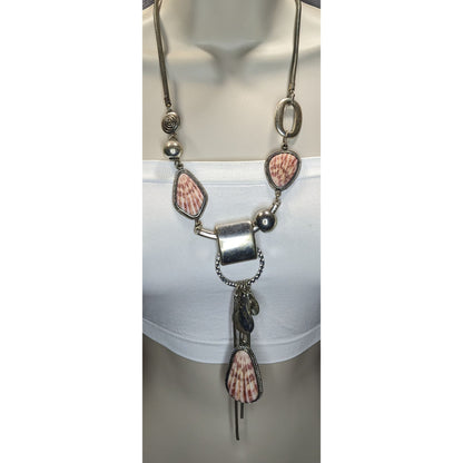 Boho Mermaidcore Brutalist Statement Faux Shell Tassel Necklace Silver Tone Coastal Art Jewelry