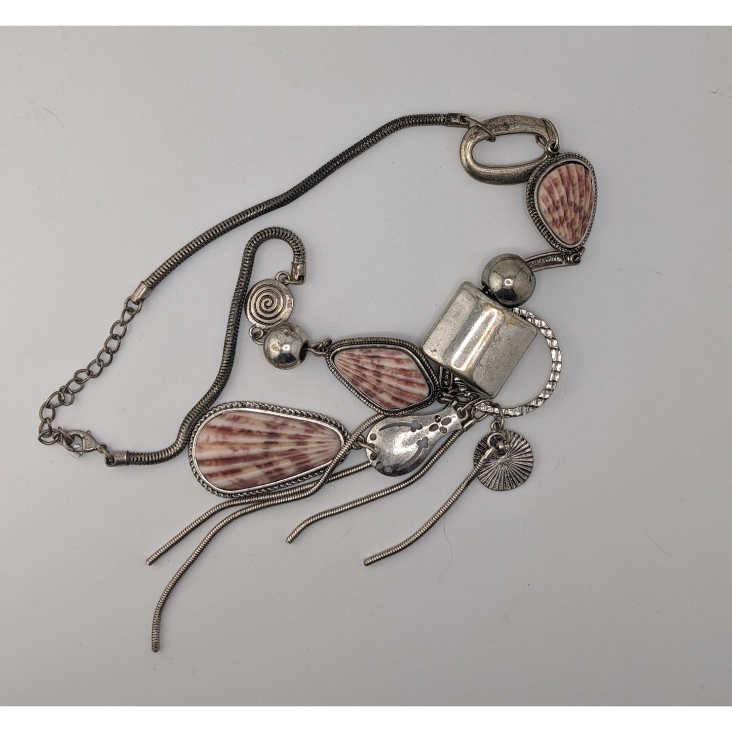 Boho Mermaidcore Brutalist Statement Faux Shell Tassel Necklace Silver Tone Coastal Art Jewelry