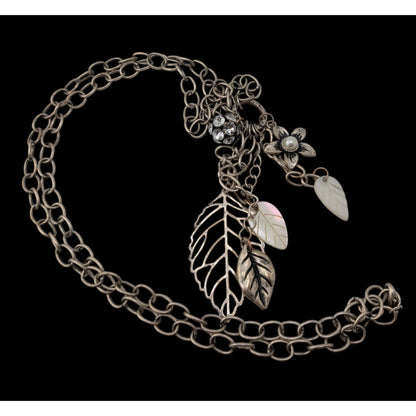 Y2K Cluster Charm Necklace Flower Leaf Shell Faux Pearl Rhinestone Silver