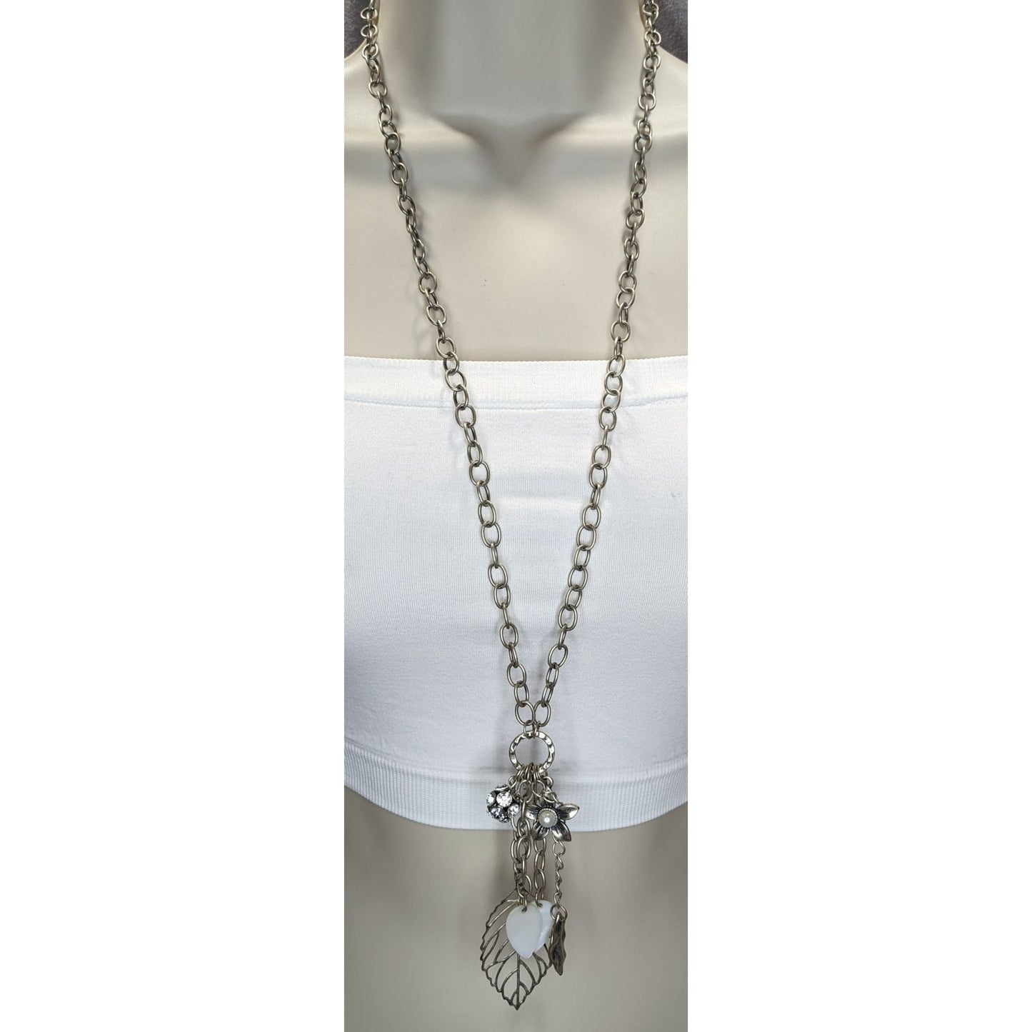 Y2K Cluster Charm Necklace Flower Leaf Shell Faux Pearl Rhinestone Silver