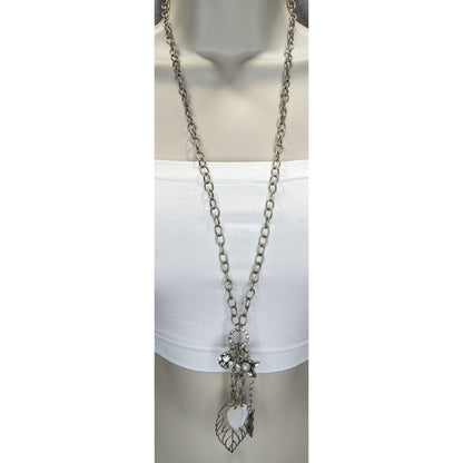 Y2K Cluster Charm Necklace Flower Leaf Shell Faux Pearl Rhinestone Silver