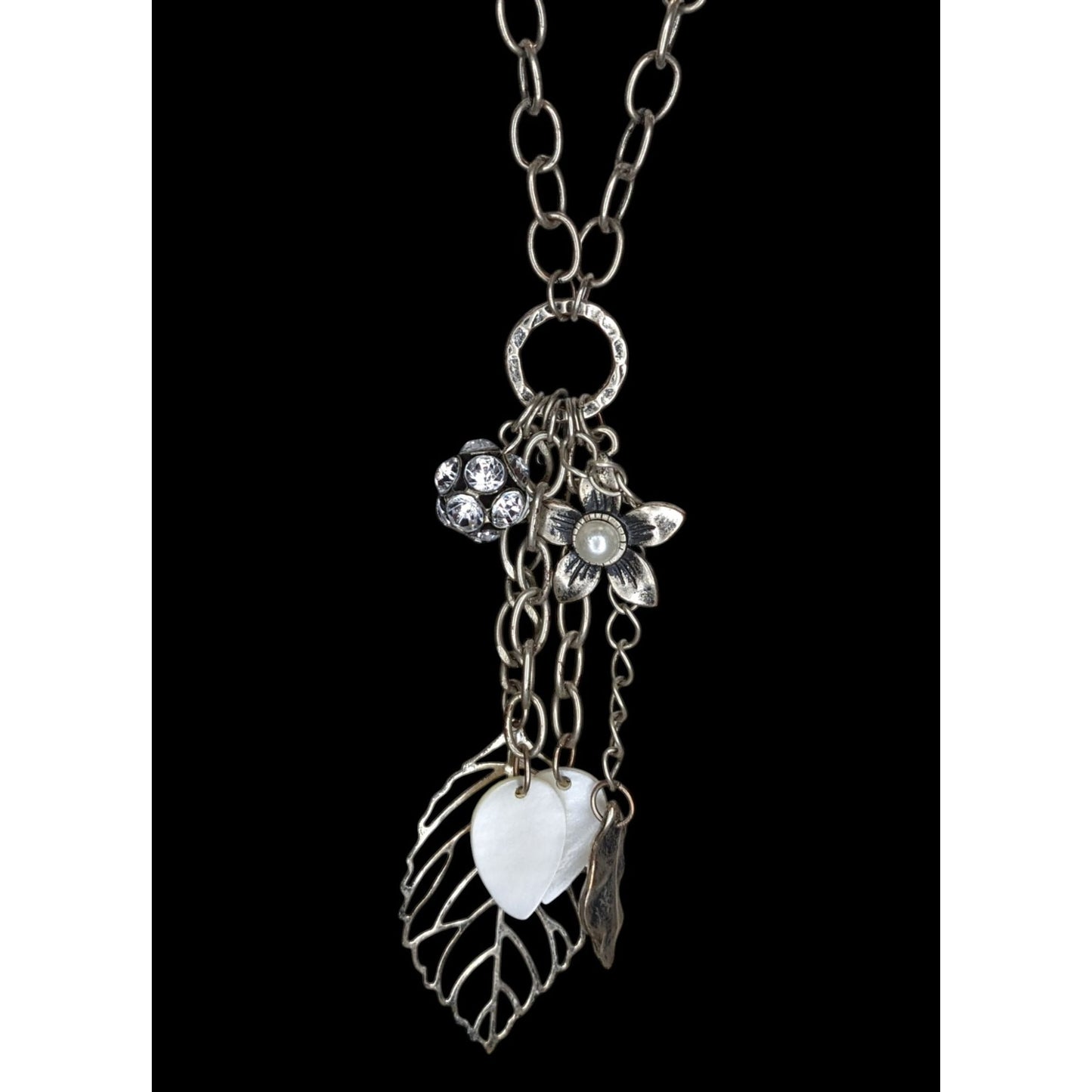 Y2K Cluster Charm Necklace Flower Leaf Shell Faux Pearl Rhinestone Silver