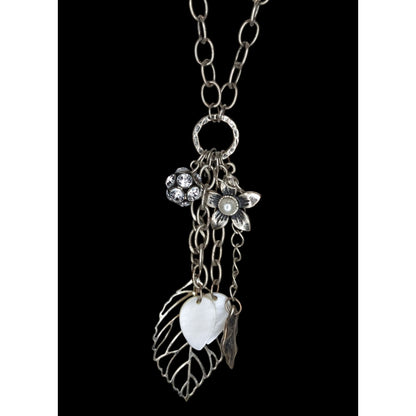 Y2K Cluster Charm Necklace Flower Leaf Shell Faux Pearl Rhinestone Silver