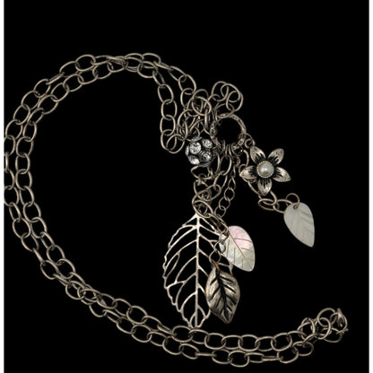 Y2K Cluster Charm Necklace Flower Leaf Shell Faux Pearl Rhinestone Silver