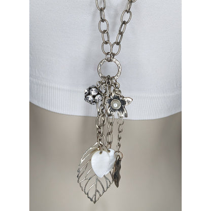 Y2K Cluster Charm Necklace Flower Leaf Shell Faux Pearl Rhinestone Silver