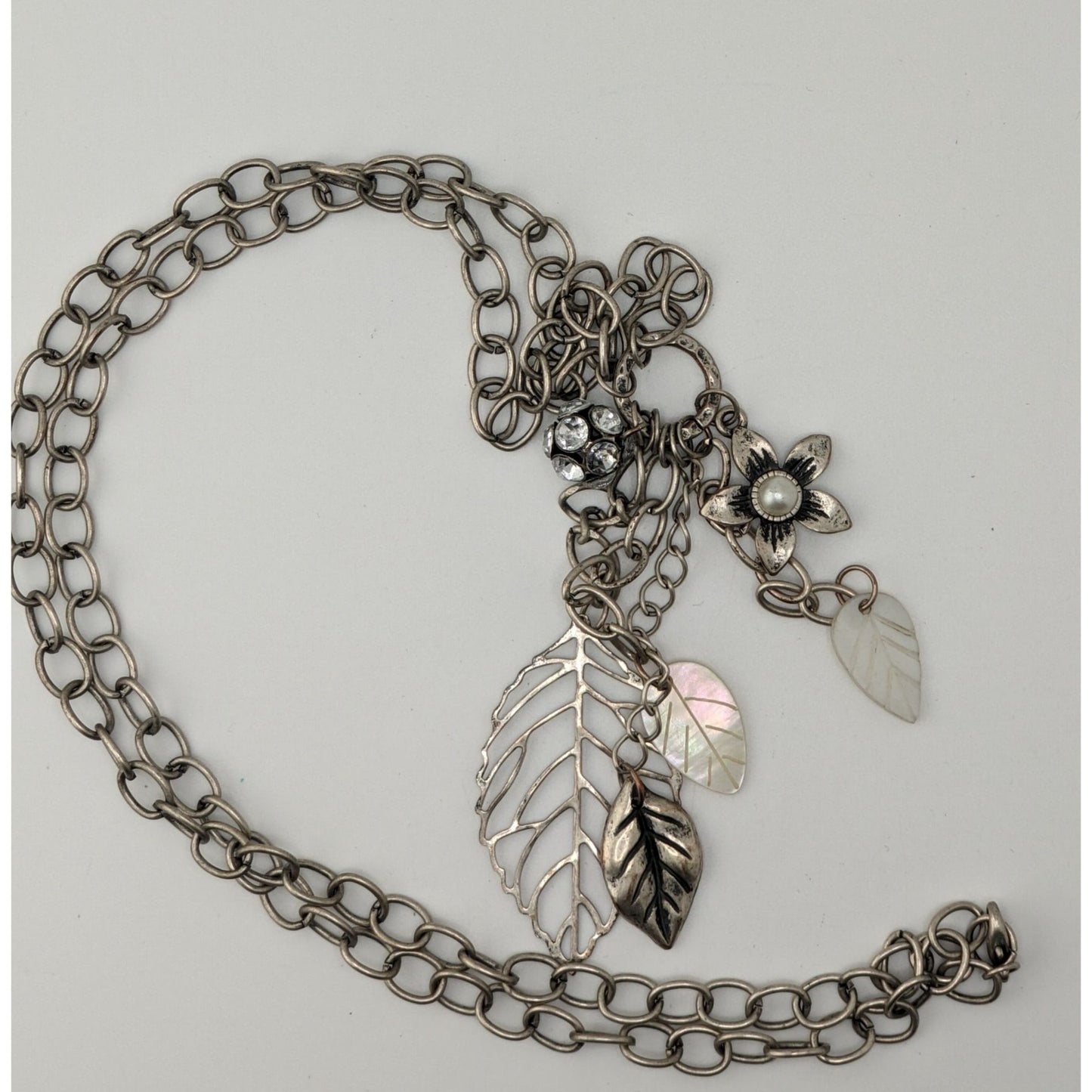 Y2K Cluster Charm Necklace Flower Leaf Shell Faux Pearl Rhinestone Silver