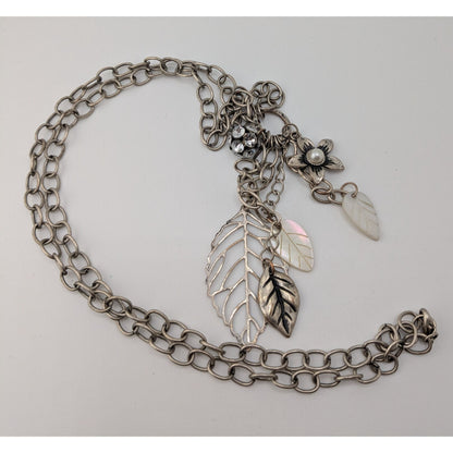 Y2K Cluster Charm Necklace Flower Leaf Shell Faux Pearl Rhinestone Silver