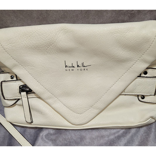 Nicole Miller New York Cream Faux Leather Crossbody Bag With Snap Flap Closure