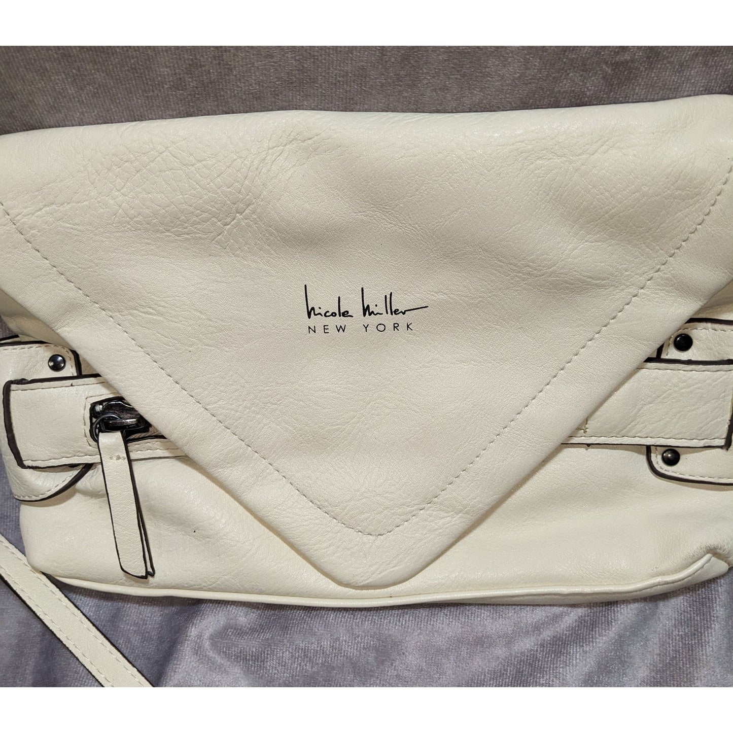 Nicole Miller New York Cream Faux Leather Crossbody Bag With Snap Flap Closure