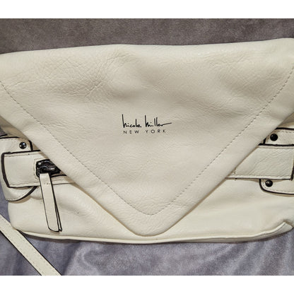 Nicole Miller New York Cream Faux Leather Crossbody Bag With Snap Flap Closure