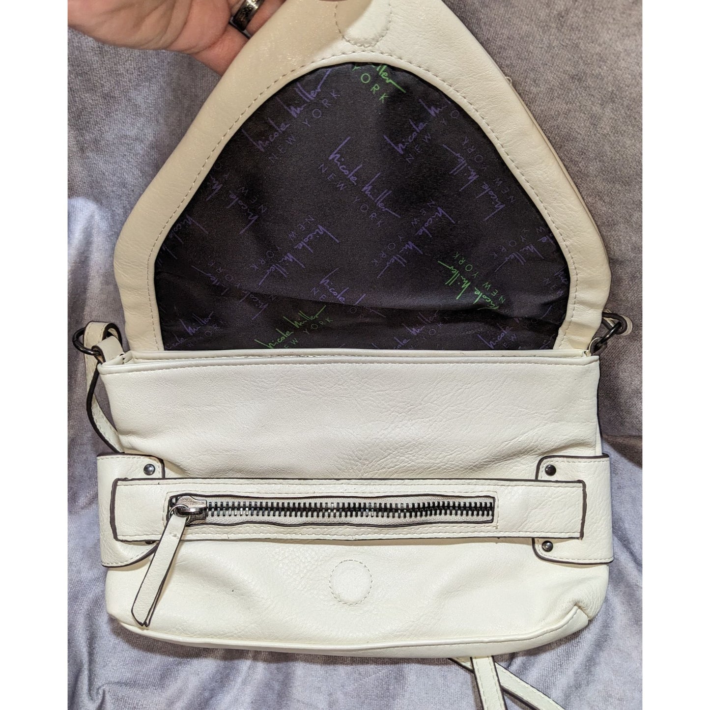 Nicole Miller New York Cream Faux Leather Crossbody Bag With Snap Flap Closure
