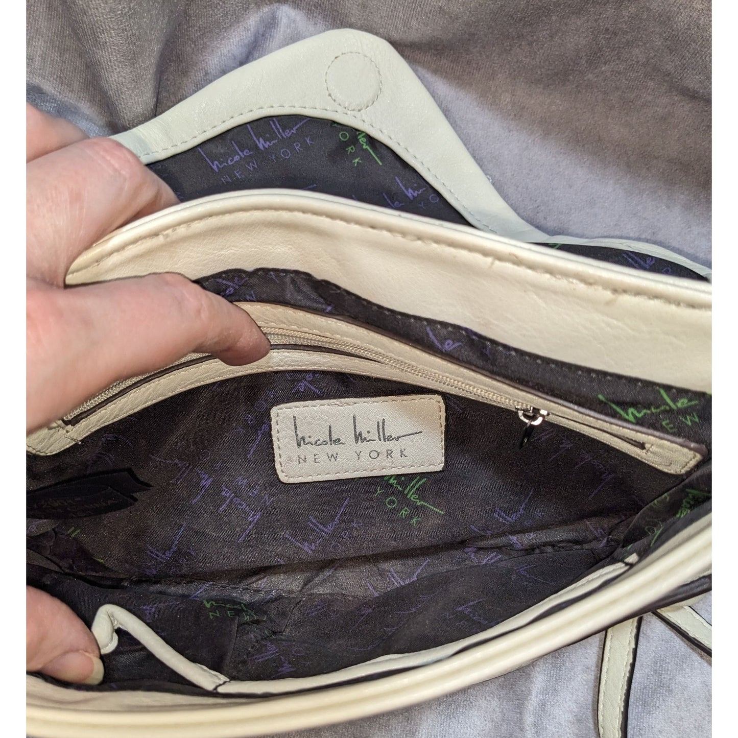 Nicole Miller New York Cream Faux Leather Crossbody Bag With Snap Flap Closure