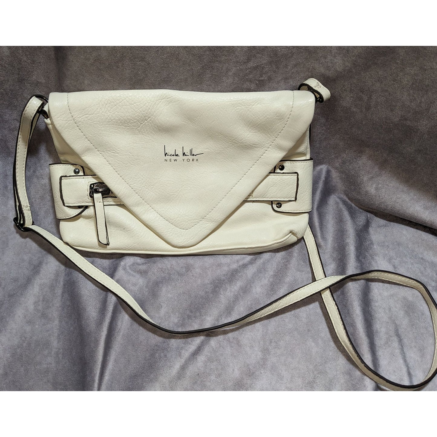 Nicole Miller New York Cream Faux Leather Crossbody Bag With Snap Flap Closure