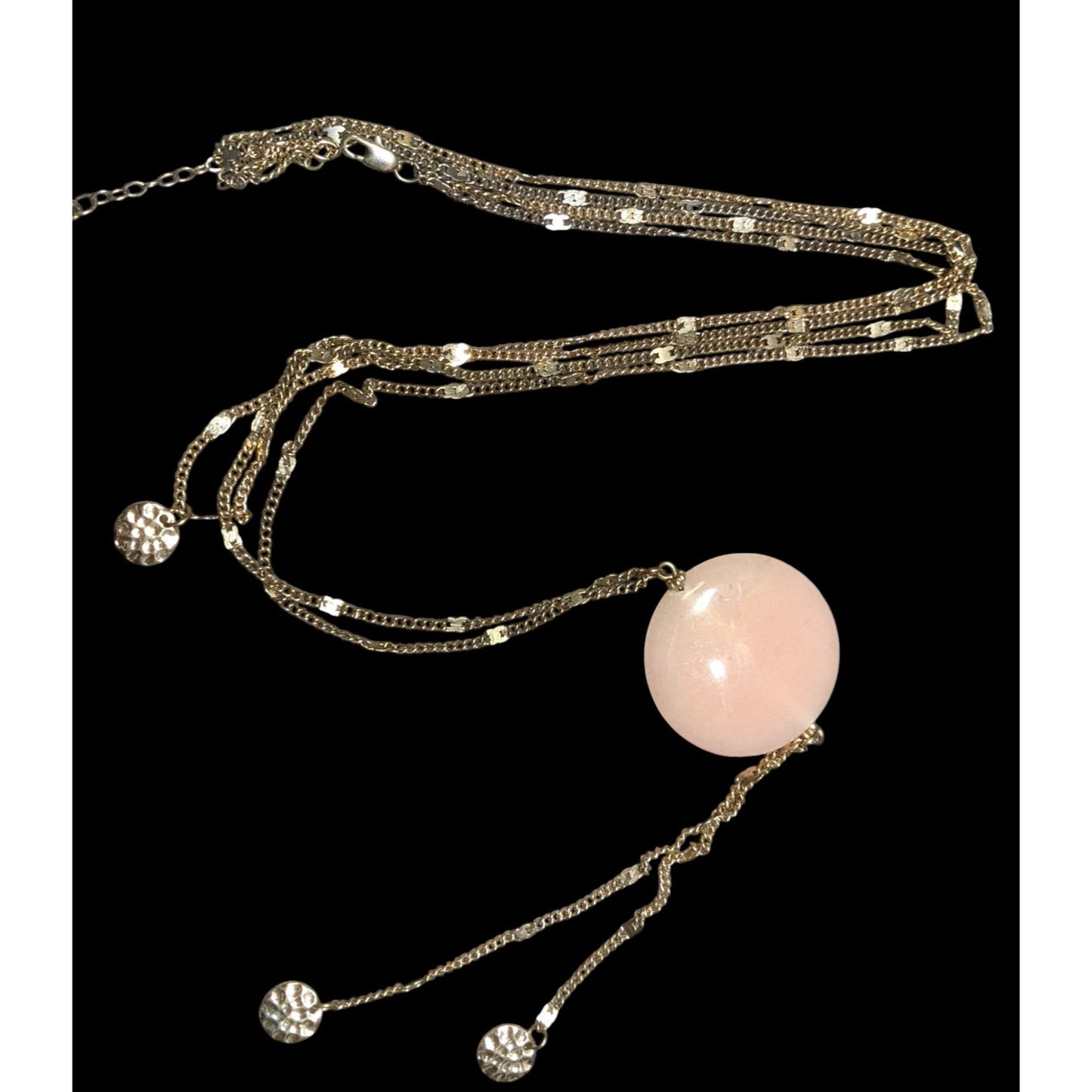 Layered Gold Chain Rose Quartz Sphere Pendant Necklace With Textured Charm Drops