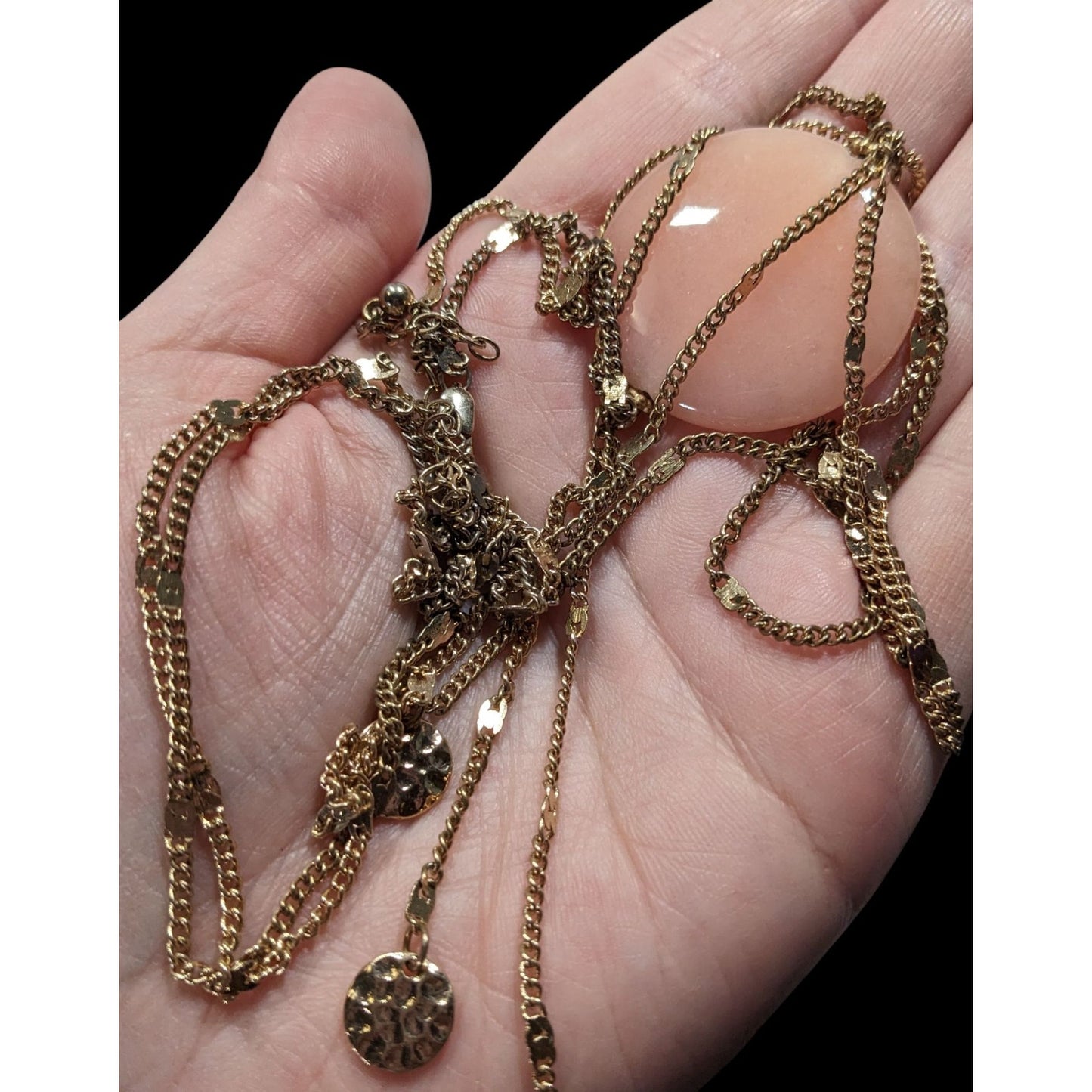 Layered Gold Chain Rose Quartz Sphere Pendant Necklace With Textured Charm Drops