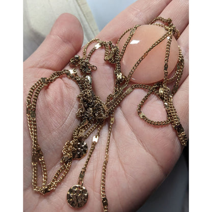 Layered Gold Chain Rose Quartz Sphere Pendant Necklace With Textured Charm Drops