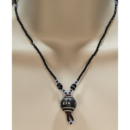 Handmade African Glass Bead Necklace Clay Pendant Black Tribal Boho Statement