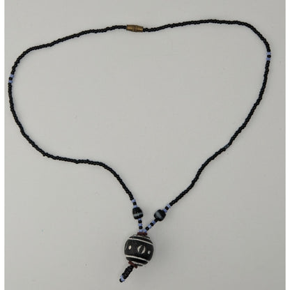 Handmade African Glass Bead Necklace Clay Pendant Black Tribal Boho Statement