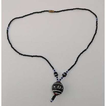 Handmade African Glass Bead Necklace Clay Pendant Black Tribal Boho Statement