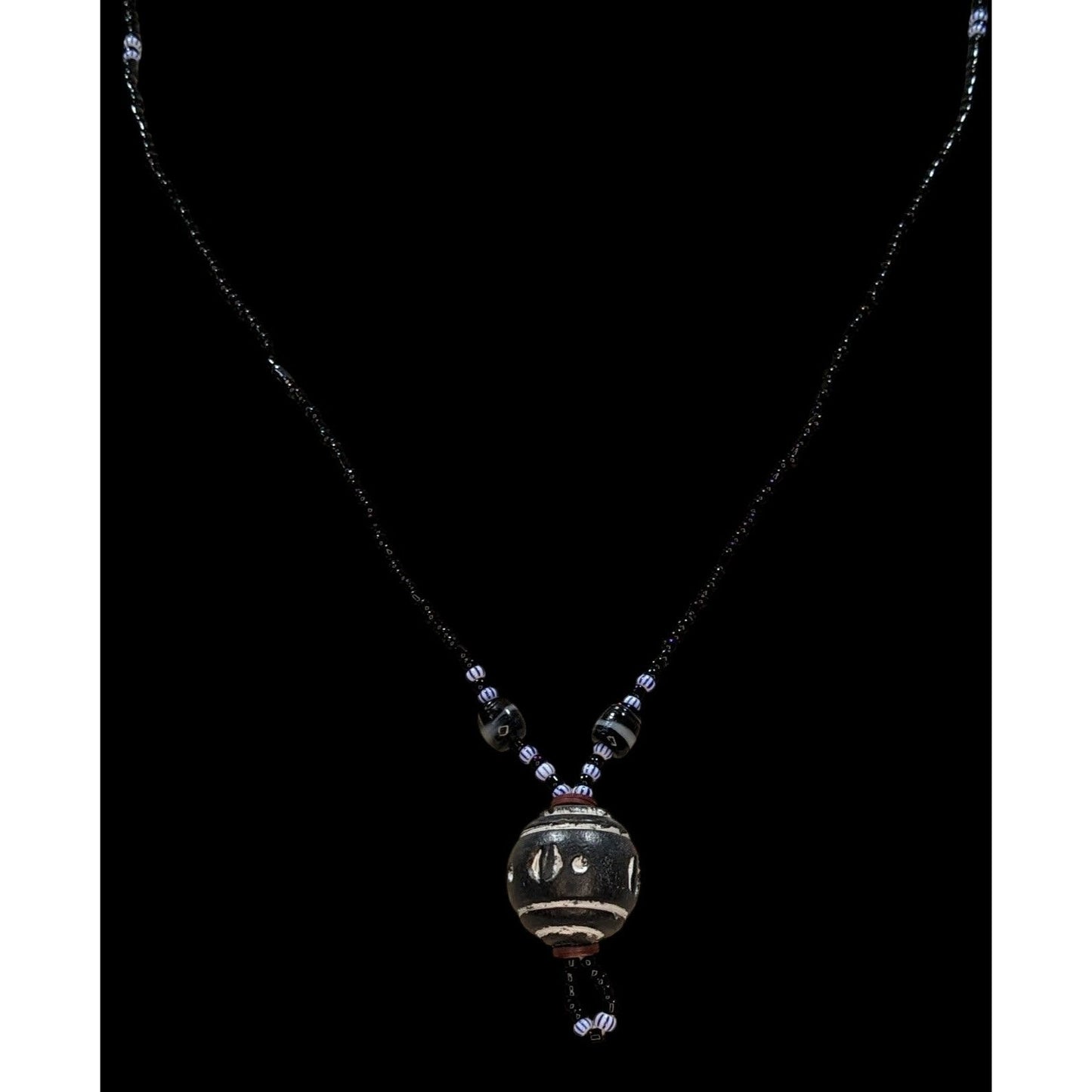 Handmade African Glass Bead Necklace Clay Pendant Black Tribal Boho Statement