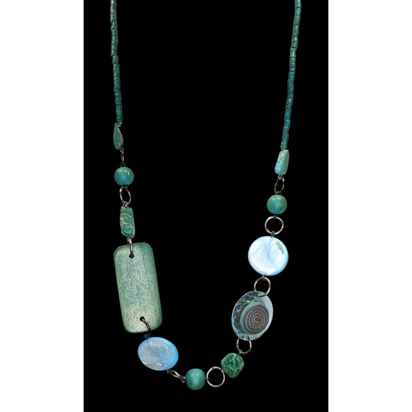 Vintage Handmade Shell Wood Statement Necklace Blue Green Artisan Mixed Media Jewelry