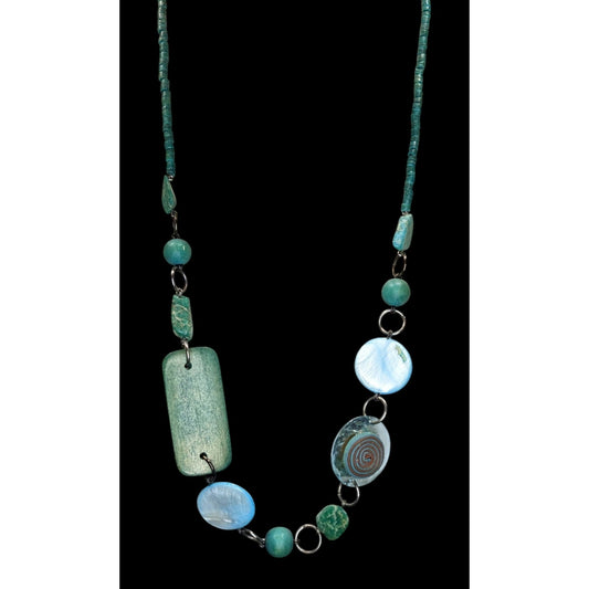 Vintage Handmade Shell Wood Statement Necklace Blue Green Artisan Mixed Media Jewelry