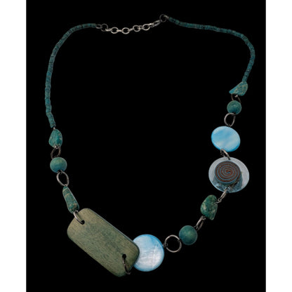 Vintage Handmade Shell Wood Statement Necklace Blue Green Artisan Mixed Media Jewelry
