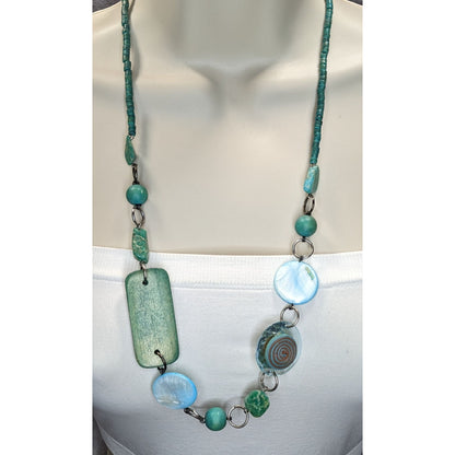 Vintage Handmade Shell Wood Statement Necklace Blue Green Artisan Mixed Media Jewelry