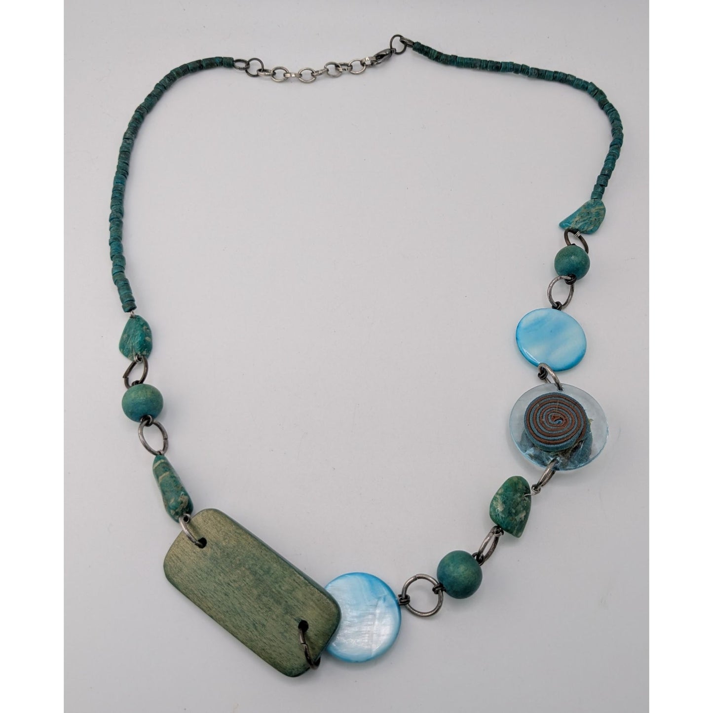 Vintage Handmade Shell Wood Statement Necklace Blue Green Artisan Mixed Media Jewelry