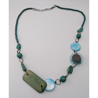 Vintage Handmade Shell Wood Statement Necklace Blue Green Artisan Mixed Media Jewelry