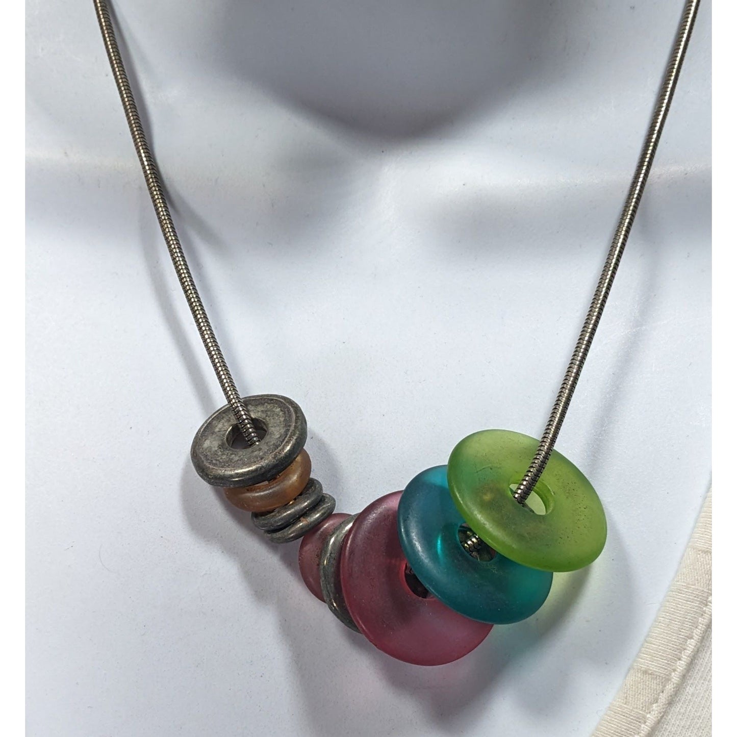 Rainbow And Silver Tone Slide Disc Charm Necklace