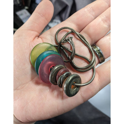 Rainbow And Silver Tone Slide Disc Charm Necklace