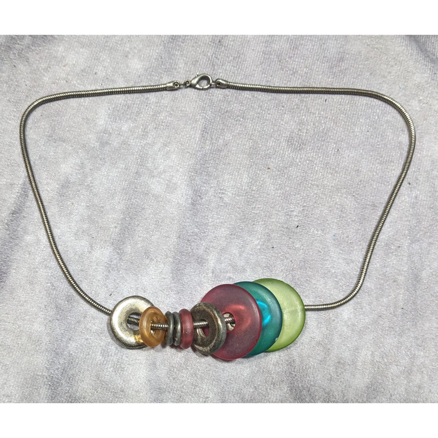 Rainbow And Silver Tone Slide Disc Charm Necklace