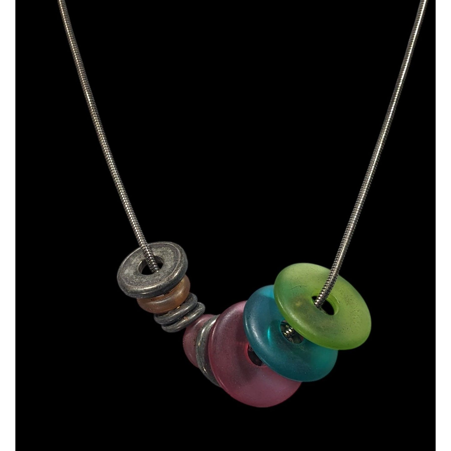 Rainbow And Silver Tone Slide Disc Charm Necklace