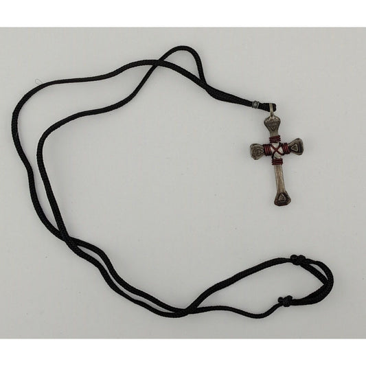 Religious Cross Pendant Silver Tone With Red Wire Wrap Accents