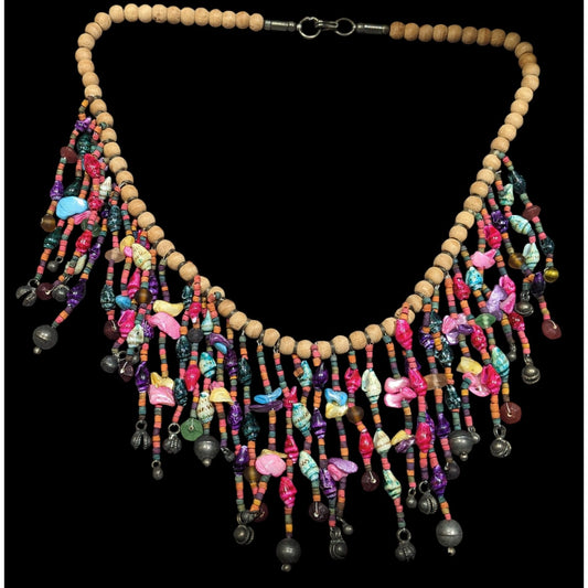 Vintage Mermaidcore Rainbow Artisan Crafted Wood And Shell Fringe Necklace