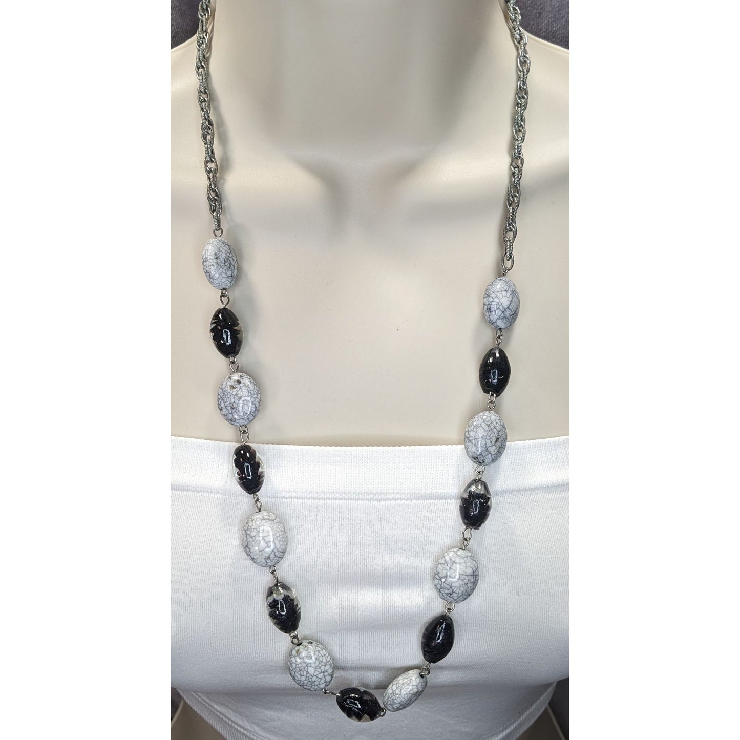 Black & Grey Crackle Bead Necklace With Silver-Tone Chain