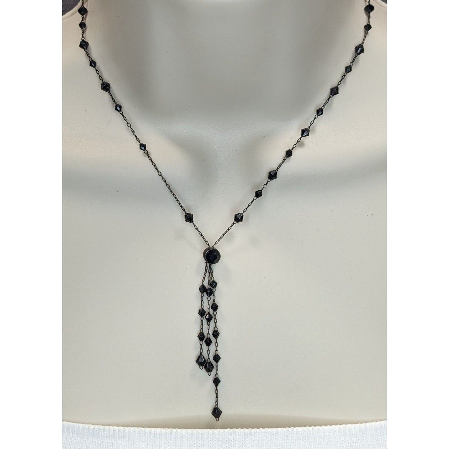 Black Beaded Y Necklace Gothic Gunmetal Tassel Drop Statement Jewelry