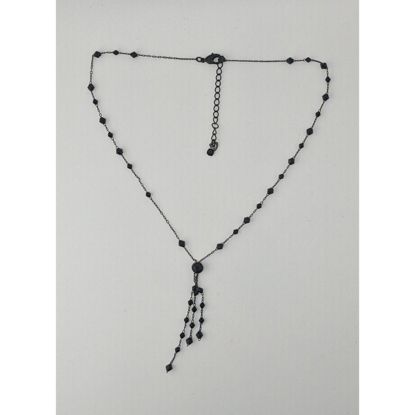 Black Beaded Y Necklace Gothic Gunmetal Tassel Drop Statement Jewelry