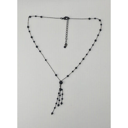 Black Beaded Y Necklace Gothic Gunmetal Tassel Drop Statement Jewelry