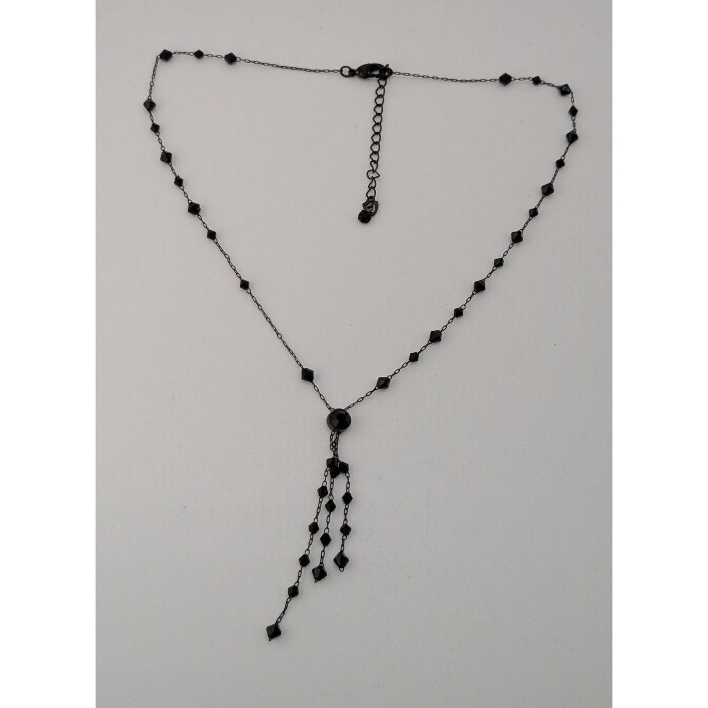 Black Beaded Y Necklace Gothic Gunmetal Tassel Drop Statement Jewelry
