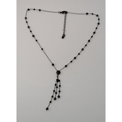 Black Beaded Y Necklace Gothic Gunmetal Tassel Drop Statement Jewelry