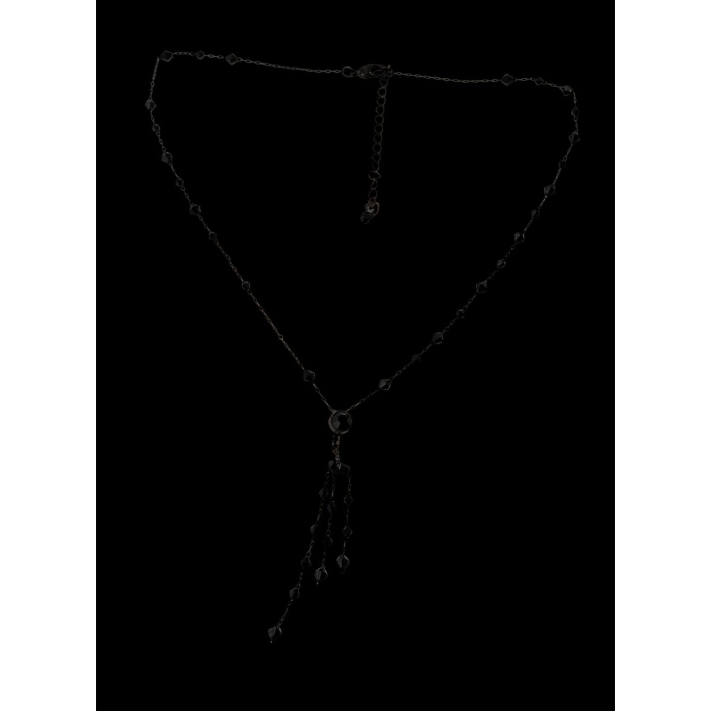 Black Beaded Y Necklace Gothic Gunmetal Tassel Drop Statement Jewelry