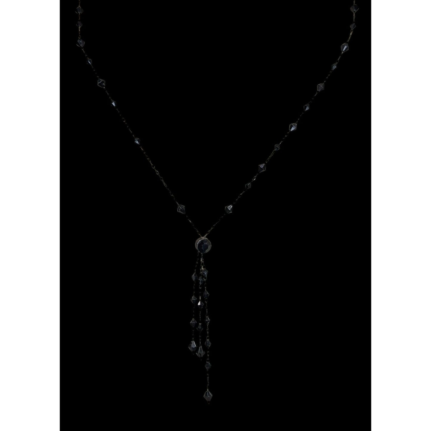 Black Beaded Y Necklace Gothic Gunmetal Tassel Drop Statement Jewelry