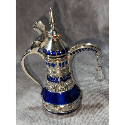Arabian Nights Mini Dallah Coffee Pot Blue Silver Tone Jeweled Souvenir Decor